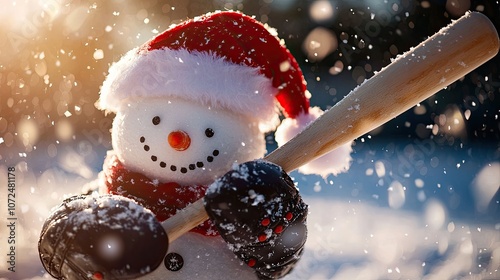 A cheerful snowman in a Santa hat holding a baseball bat in a snowy landscape.
