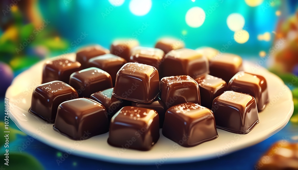 Plate of caramel candies, rich brown color with a glossy finish, arranged neatly on a white plate Plate of caramel candies, rich brown color with a glossy finish, arranged neatly on a white plate