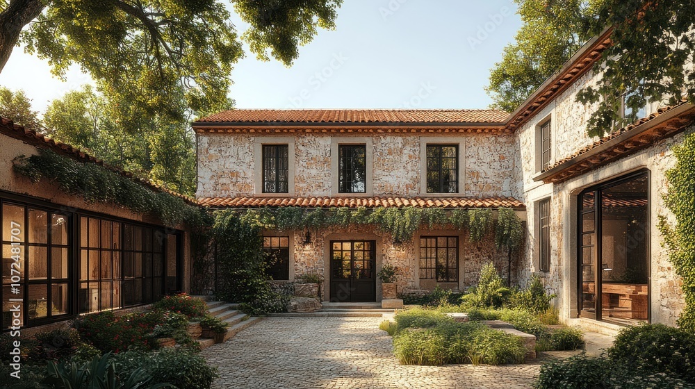Charming stone house with a lush courtyard and greenery. Charming stone house with a lush courtyard and greenery.