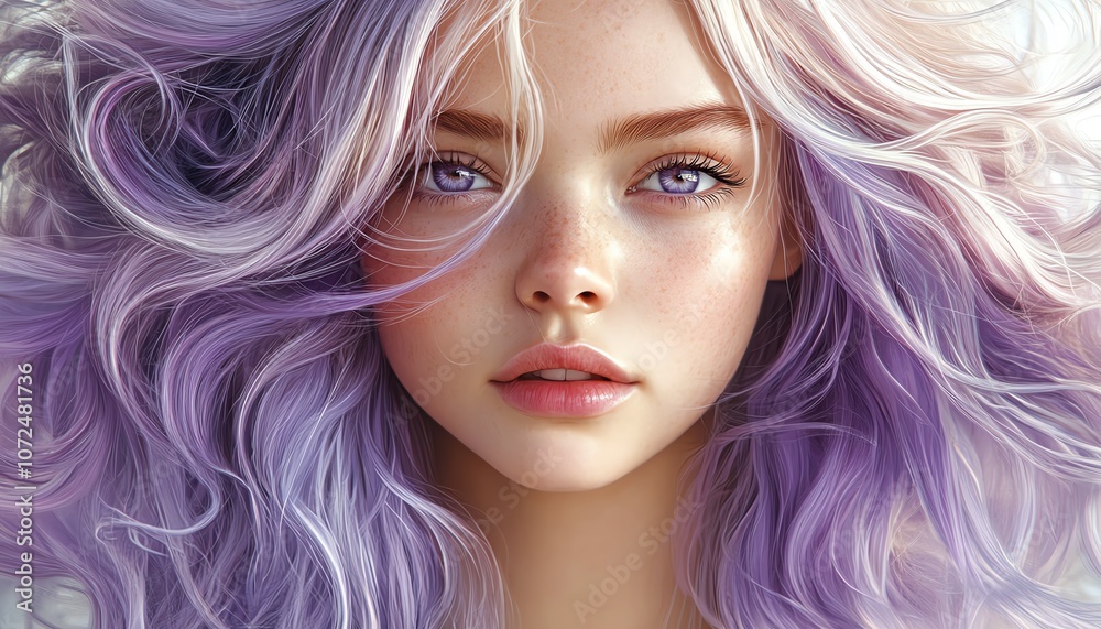 A portrait of a woman with soft features, enchanting eyes, and flowing lavender hair that radiates beauty and serenity. A portrait of a woman with soft features, enchanting eyes, and flowing lavender hair that radiates beauty and serenity.