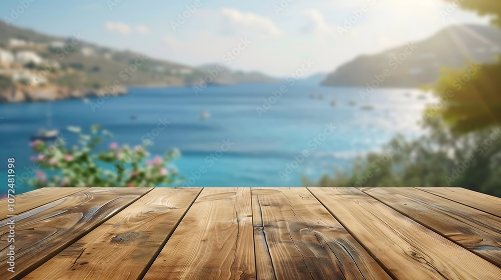 Fototapeta premium Wooden Tabletop Facing Greek Island Seaside Cafe