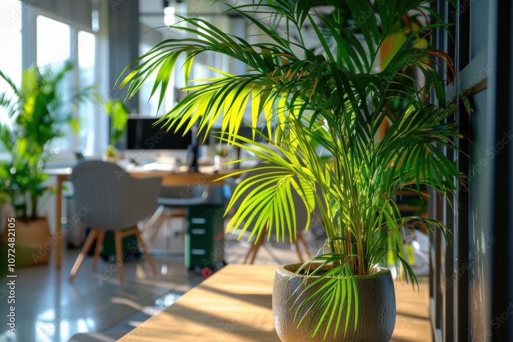 Fototapeta premium Lush Green Palm Plant in a Modern Office Setting
