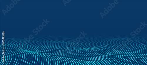 Dark blue halftone dotted wave background, Big data abstract pattern, technology or futuristic visualization, wave form dot texture, music backdrop, Beautiful movement with glowing blurred particles.