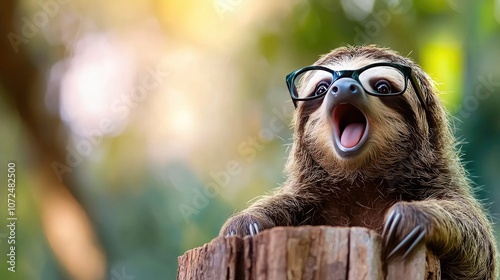 A playful sloth wearing glasses, captured in a natural, vibrant forest setting. photo