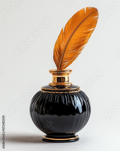 Black inkwell with a gold quill standing upright elegant and antique isolate white background photo