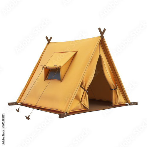 Yellow camping tent with a window, isolated on white background, transparent background photo