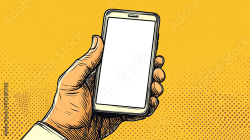 Illustration of hand holding mobile phone with blank screen in vintage comic style on yellow dotted background.