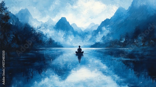 Figure sitting by a calm river surrounded by blue mountains, tranquil and meditative