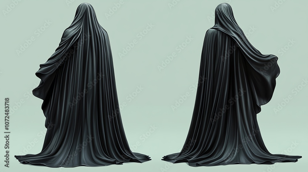 Flowing black cape, front and back views, detailed folds, soft shadows, isolated on white, medieval and fantasy theme illustration stye Flowing black cape, front and back views, detailed folds, soft shadows, isolated on white, medieval and fantasy theme illustration stye