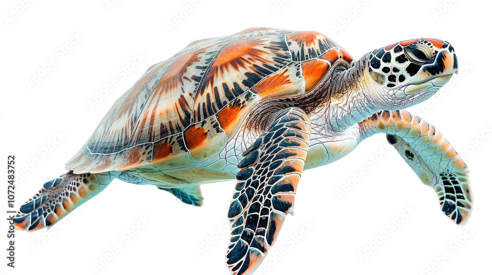 Fototapeta premium Colorful sea turtle swimming, isolated on white background, transparent background