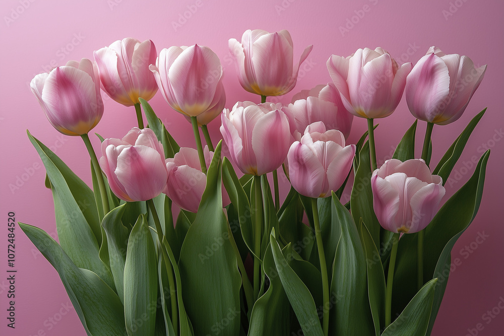 Fototapeta premium bouquet of tulips. pink tulips in a vase against pink background. close up. AI Generated