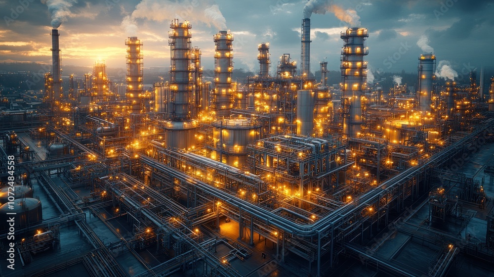 Fototapeta premium Industrial complex illuminated at dusk, showcasing energy production.