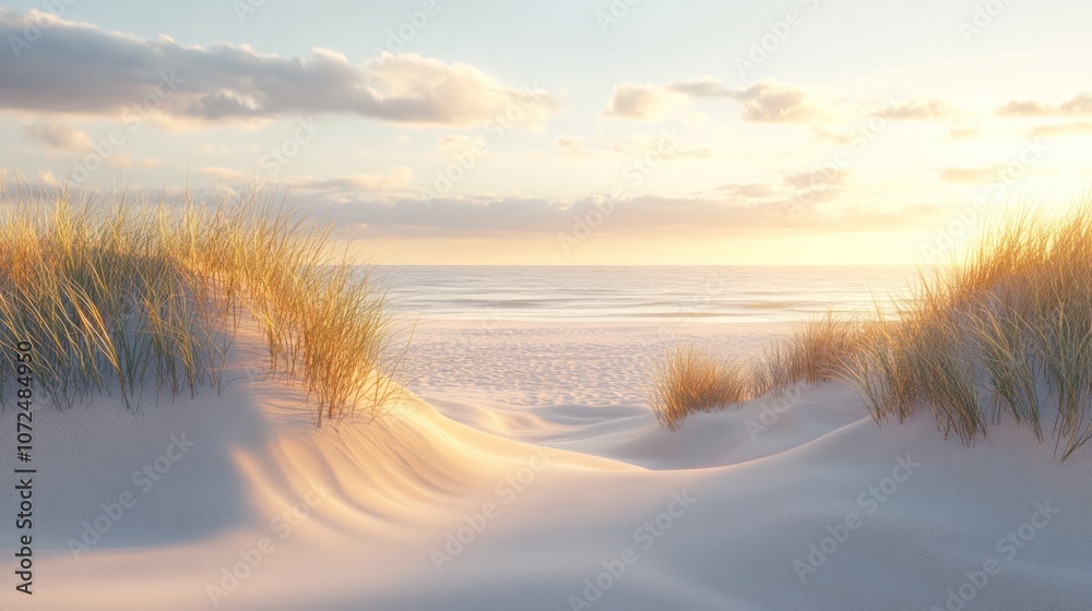 Fototapeta premium A view of a sandy beach with golden grasses growing on the dunes in front of a blue ocean and a clear sky with clouds.