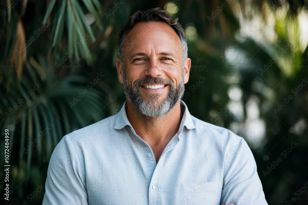 A joyful portrait of a middle-aged man with a beard and a warm smile, dressed in a light-colored shirt, standing against a lush garden background full of greenery. A joyful portrait of a middle-aged man with a beard and a warm smile, dressed in a light-colored shirt, standing against a lush garden background full of greenery.