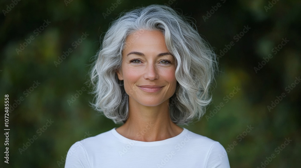 A mature woman with stylish gray hair and a warm smile stands against a blurred natural backdrop, capturing a moment of serenity and confidence in nature. A mature woman with stylish gray hair and a warm smile stands against a blurred natural backdrop, capturing a moment of serenity and confidence in nature.