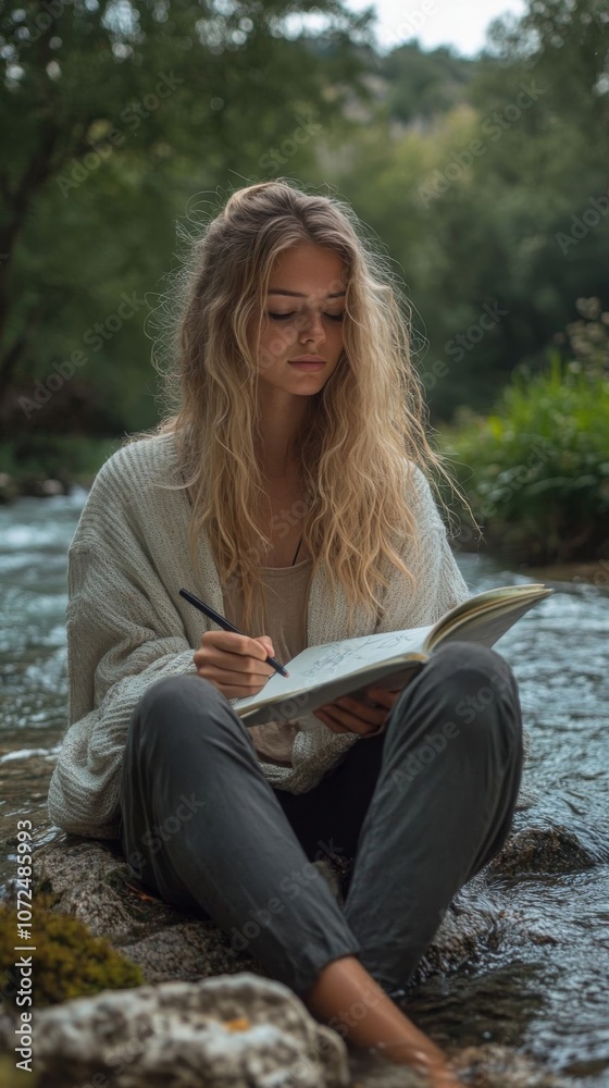 Young woman sketching by river. Young woman sketching by river.