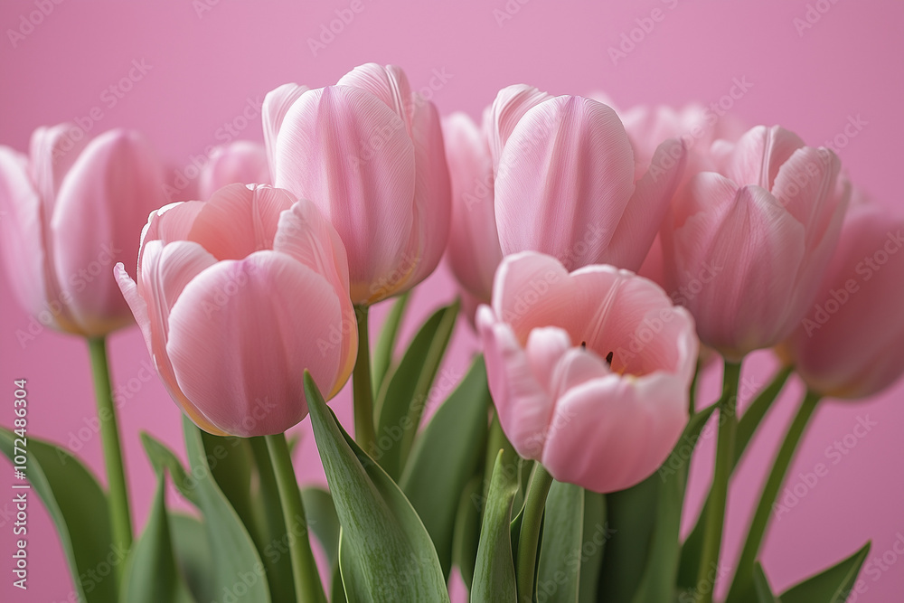 Fototapeta premium bouquet of tulips. pink tulips in a vase against pink background. close up. AI Generated