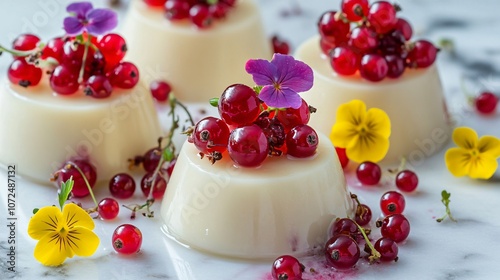 Creamy red currant panna cotta topped with currants and served on a marble slab background, with small edible flowers for decoration