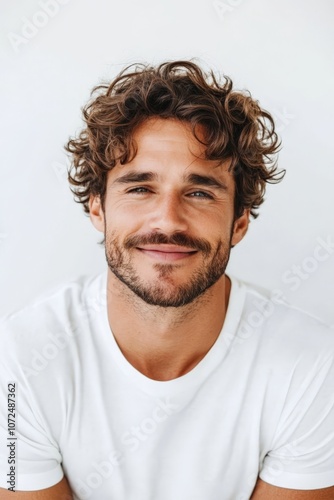 A man with curly hair smiles warmly, exuding friendliness and ease, while sitting casually against a simple, bright background wearing a plain white shirt.