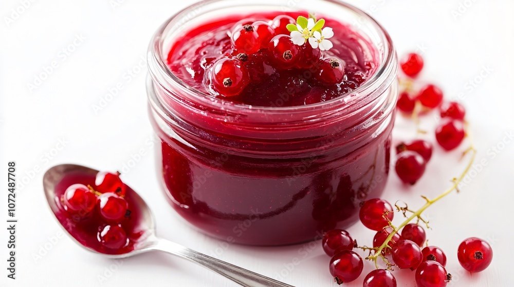 Glossy red currant mousse in a glass jar, displayed on a clean, white background, with a small spoon and delicate edible flower accent Glossy red currant mousse in a glass jar, displayed on a clean, white background, with a small spoon and delicate edible flower accent