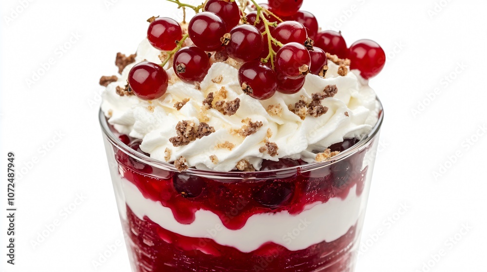 Layered red currant trifle in a glass with whipped cream, isolated on a white background, garnished with fresh currants Layered red currant trifle in a glass with whipped cream, isolated on a white background, garnished with fresh currants