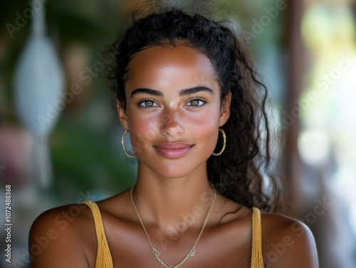 A woman with beautifully curly hair and sun-kissed skin smiles gently, wearing golden earrings and a necklace, evoking a sense of tranquility and warmth. photo