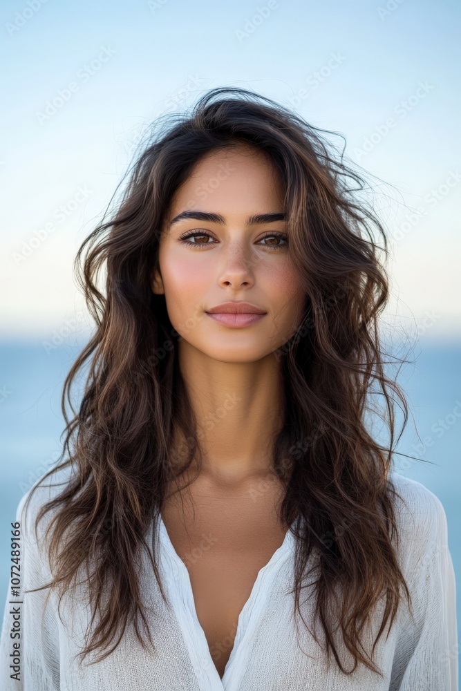 This image captures a young woman with long, wavy hair, looking confidently at the camera with a calm ocean background, embodying tranquility and beauty. This image captures a young woman with long, wavy hair, looking confidently at the camera with a calm ocean background, embodying tranquility and beauty.