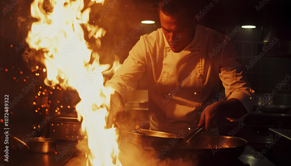 Professional chef cooking food in pan with fire flame on dark background. Restaurant and hotel service concept Professional chef cooking food in pan with fire flame on dark background. Restaurant and hotel service concept