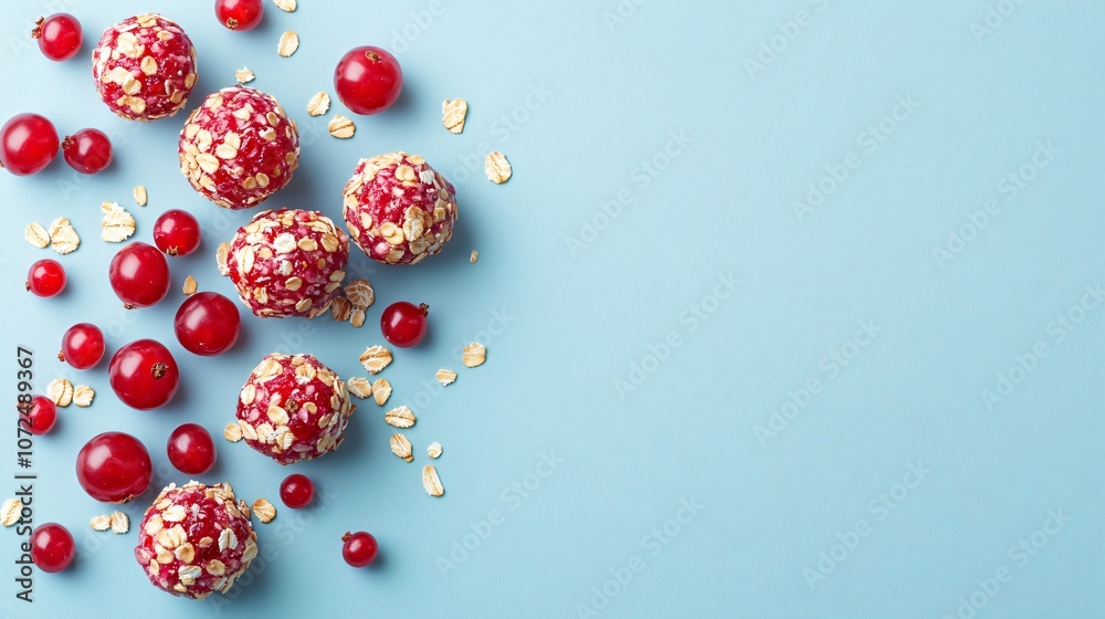 Red currant energy balls with oats, isolated on a soft blue background with currants sprinkled for texture Red currant energy balls with oats, isolated on a soft blue background with currants sprinkled for texture