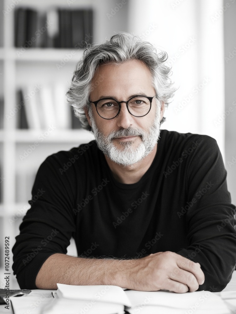 A distinguished older man with gray hair and beard, wearing glasses and a black sweater, sits comfortably in a home office surrounded by books and papers. A distinguished older man with gray hair and beard, wearing glasses and a black sweater, sits comfortably in a home office surrounded by books and papers.