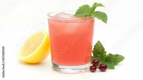 Red currant lemonade in a clear glass with currants floating inside, isolated on a white background with a sprig of mint on the side