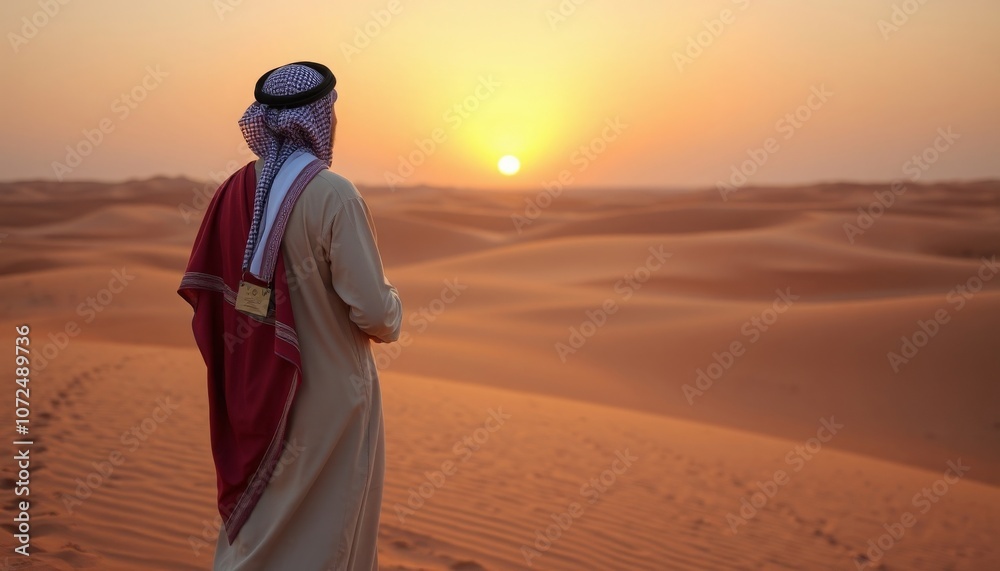 A man in traditional Middle Eastern clothing stands in a desert at sunset, gazing out at the golden dunes. A man in traditional Middle Eastern clothing stands in a desert at sunset, gazing out at the golden dunes.