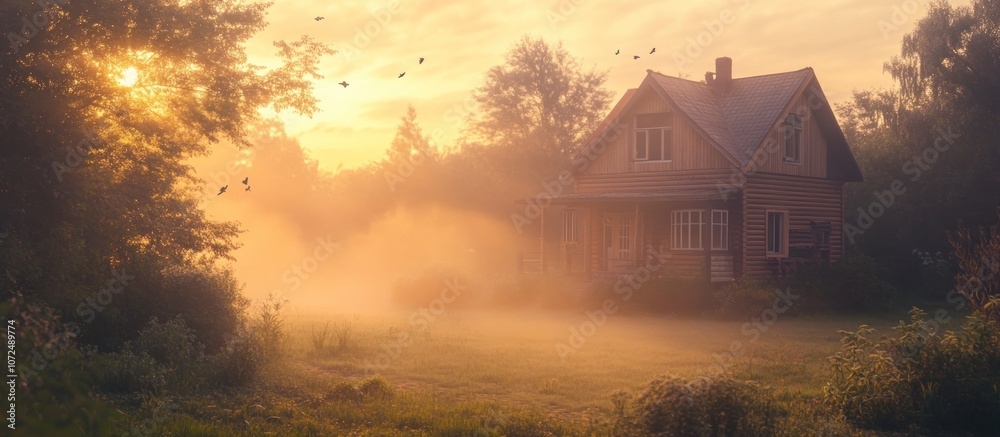 A rustic house enveloped in a misty sunrise, with birds flying overhead. A rustic house enveloped in a misty sunrise, with birds flying overhead.