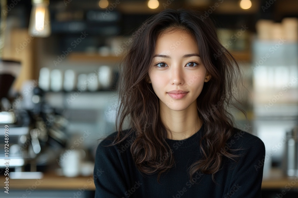 Casual setting in a coffee shop with a warm ambiance, where a woman smiles kindly, reflecting a relaxed mood captured with natural lighting and depth of field. Casual setting in a coffee shop with a warm ambiance, where a woman smiles kindly, reflecting a relaxed mood captured with natural lighting and depth of field.
