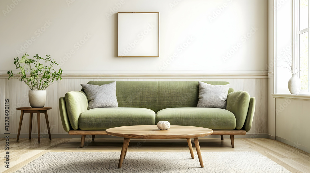 Minimalist Mid-Century Modern Living Room with Light Wood Paneling, Muted Green Sofa, and Walnut Coffee Table for a Refined Retro Space Minimalist Mid-Century Modern Living Room with Light Wood Paneling, Muted Green Sofa, and Walnut Coffee Table for a Refined Retro Space