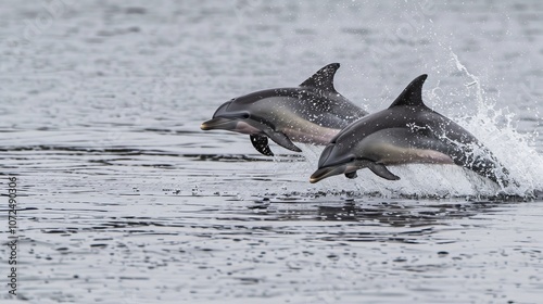 Two dolphins gracefully leaping over ocean waves, embodying freedom and joy in a dynamic and lively aquatic seascape filled with energy and movement.