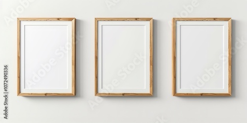 An empty wooden picture frame mockup is displayed against a white wall. arrangement of flowers in the home office or workspace. Display of art and posters, Generative AI.