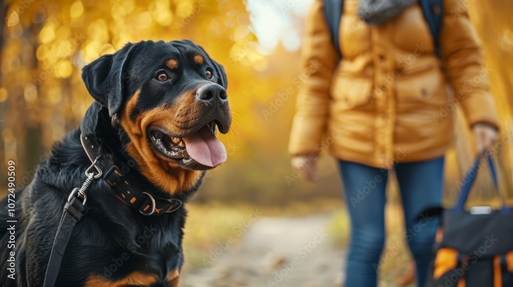 Obraz premium A Rottweiler on a hiking trail with its owner is featured in this image, set against a vibrant autumn background, evoking adventure and companionship.