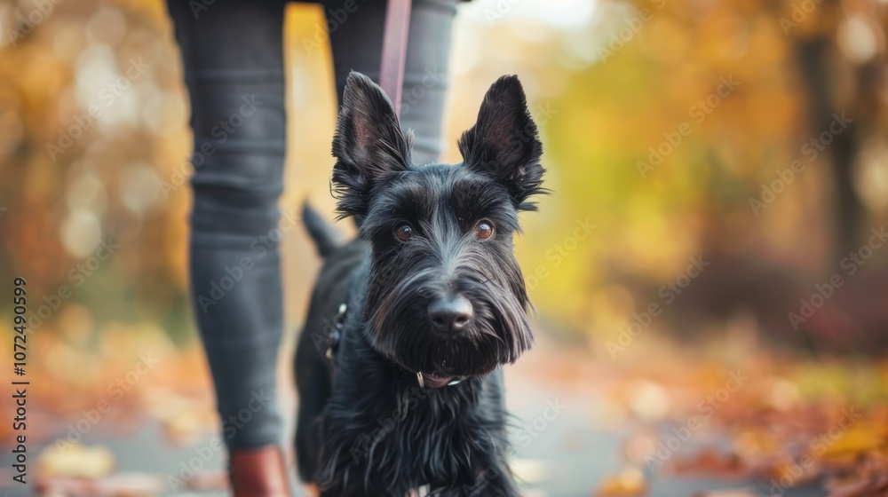 Energetic black dog on a leash, attentively looking forward while walking with its owner on a leaf-covered path in an autumn park, expressing loyalty and excitement. Energetic black dog on a leash, attentively looking forward while walking with its owner on a leaf-covered path in an autumn park, expressing loyalty and excitement.