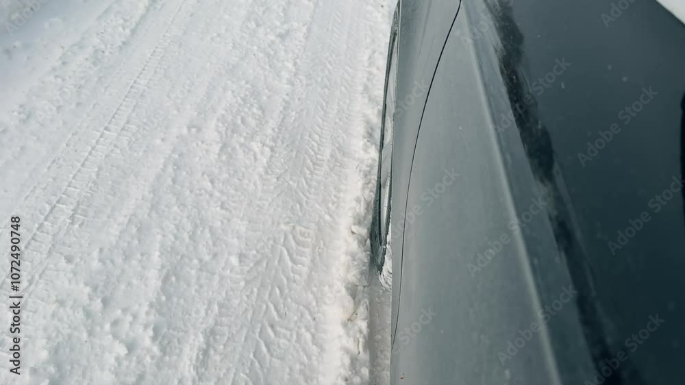 A car drives on a snowy road in winter with snow tires seen from the driver perspective. A car drives on a snowy road in winter with snow tires seen from the driver perspective.