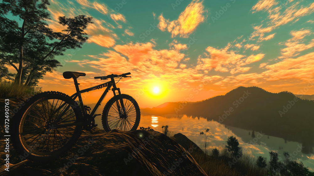 Fototapeta premium Bicycle at sunrise over mountain in nature with summer sky and landscape for outdoor sunset lifestyle and adventure activity