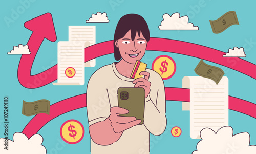 Illustration of a Man Earning Money Easily Using a Smartphone in the Digital Era, Showing Simple and Effective Online Earning Methods Through Modern Apps for Quick Financial Gains and Remote Income