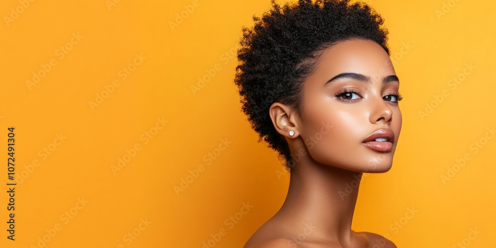 A radiant woman with an afro hairstyle stands against a vibrant yellow backdrop, exuding confidence and strength, while highlighting the beauty of her natural features. A radiant woman with an afro hairstyle stands against a vibrant yellow backdrop, exuding confidence and strength, while highlighting the beauty of her natural features.