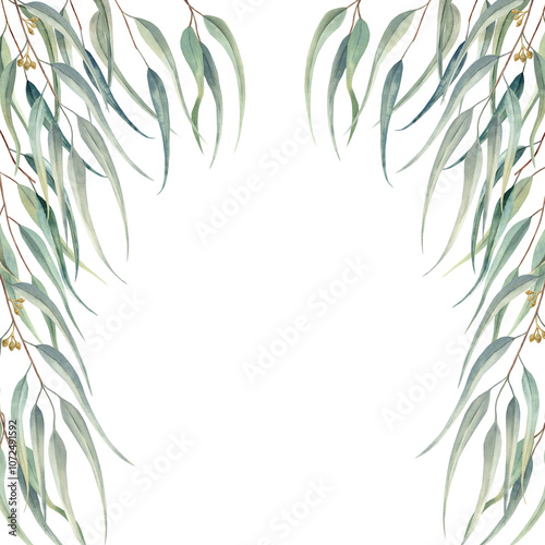 Foto Watercolor frame with eucalyptus branches with green long leaves.