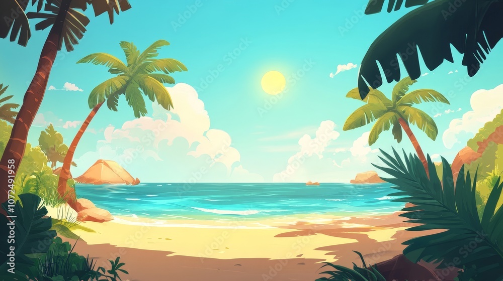 Obraz premium This serene tropical beach scene highlights crystal-clear waters meeting the shore, surrounded by lush palm trees and a bright sun illuminating the clear sky above.