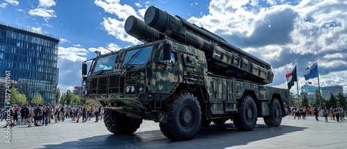 Military vehicle with missile launcher parked in front of a crowd.