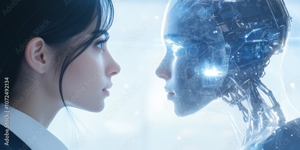 A close-up, ultra-realistic image of a businesswoman in a formal suit facing a fully-formed robot hologram. The hologram hovers just above her eye level, its digital components shining in exquisite A close-up, ultra-realistic image of a businesswoman in a formal suit facing a fully-formed robot hologram. The hologram hovers just above her eye level, its digital components shining in exquisite