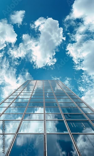 glass skyscraper reflecting clouds and blue sky, modern architecture concept