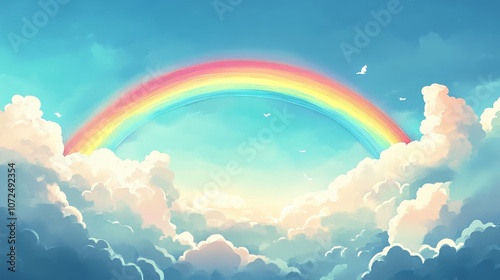 A vibrant rainbow spans across a serene sky filled with soft, billowing clouds and a few birds in flight, creating a peaceful and dreamy atmosphere.
