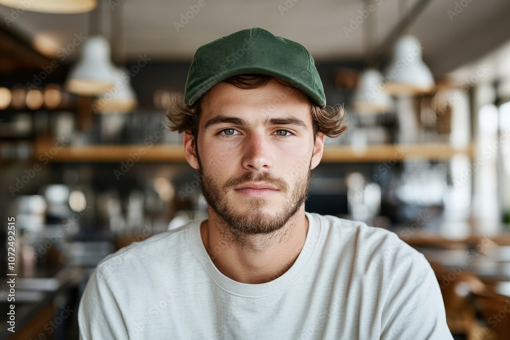 A bearded man in casual attire featuring a cap and t-shirt, sitting in an urban cafe, capturing a blend of modern city life and relaxed atmosphere. A bearded man in casual attire featuring a cap and t-shirt, sitting in an urban cafe, capturing a blend of modern city life and relaxed atmosphere.